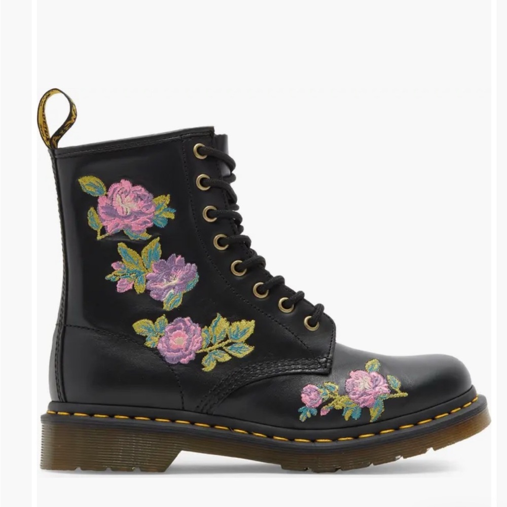 Dr. Martens Black Boots with Pink Floral Embroidery